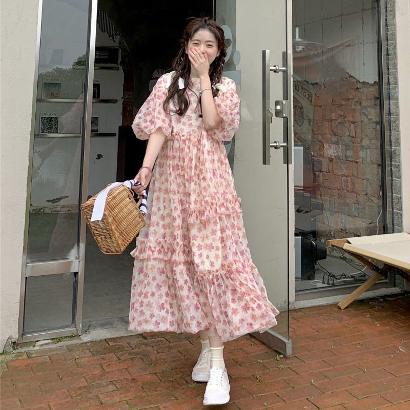 Sweet floral puff sleeve dress women's summer  new French style gentle style small first love long skirt