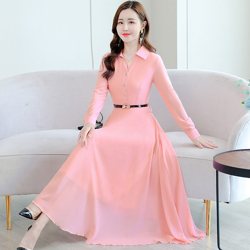 Chiffon Dress Women  Summer New Korean Style Slim Thin Long Sleeves Advanced Solid Color Beach Skirt