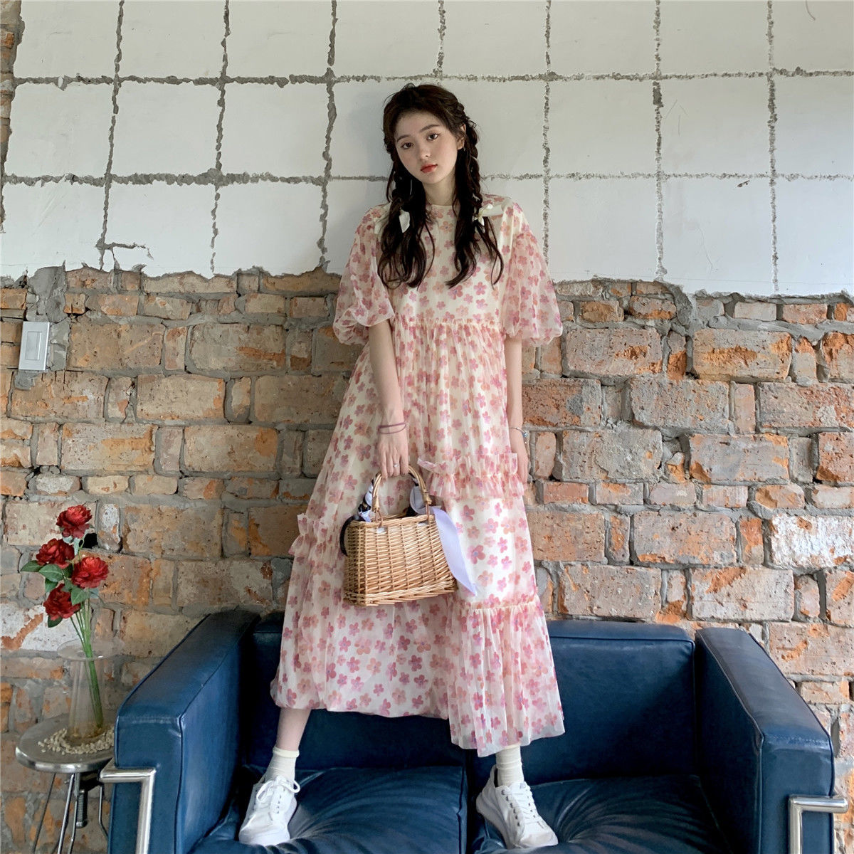 Sweet floral puff sleeve dress women's summer  new French style gentle style small first love long skirt