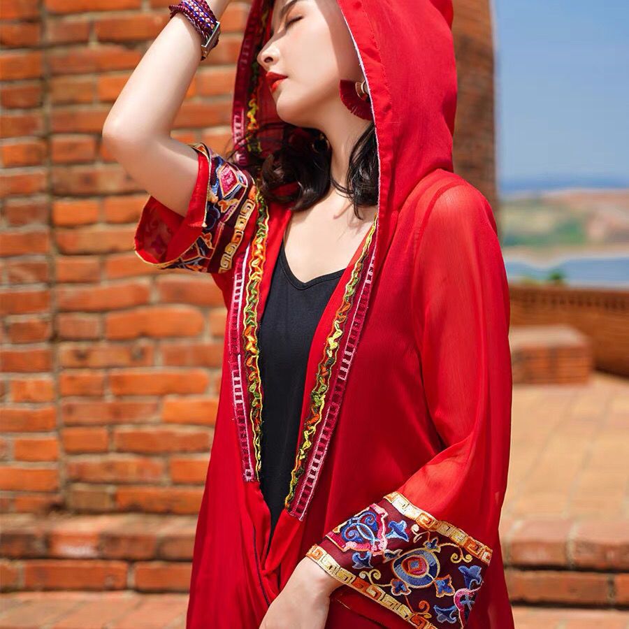 Ethnic style sunscreen cardigan women's thin section desert hooded jacket embroidery retro chiffon beach blouse loose outer wear