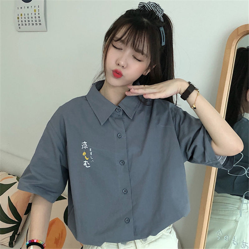 Short-sleeved shirt Hong Kong-style shirt women's summer  loose Korean version of the niche design sense ladies mid-sleeve all-match tops