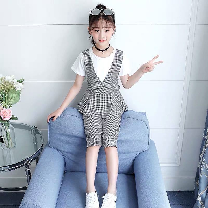 女童套裝2023新款韓版夏裝洋氣網紅中大童短袖兩件套格子七分褲潮