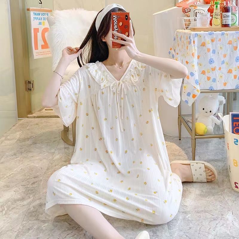 5XL nightdress female summer pure cotton thin section short-sleeved Korean version loose plus fat XL fat mm200 catties pajamas female summer