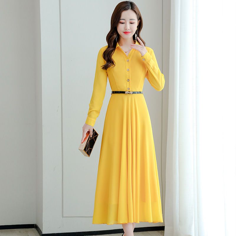 Chiffon Dress Women  Summer New Korean Style Slim Thin Long Sleeves Advanced Solid Color Beach Skirt