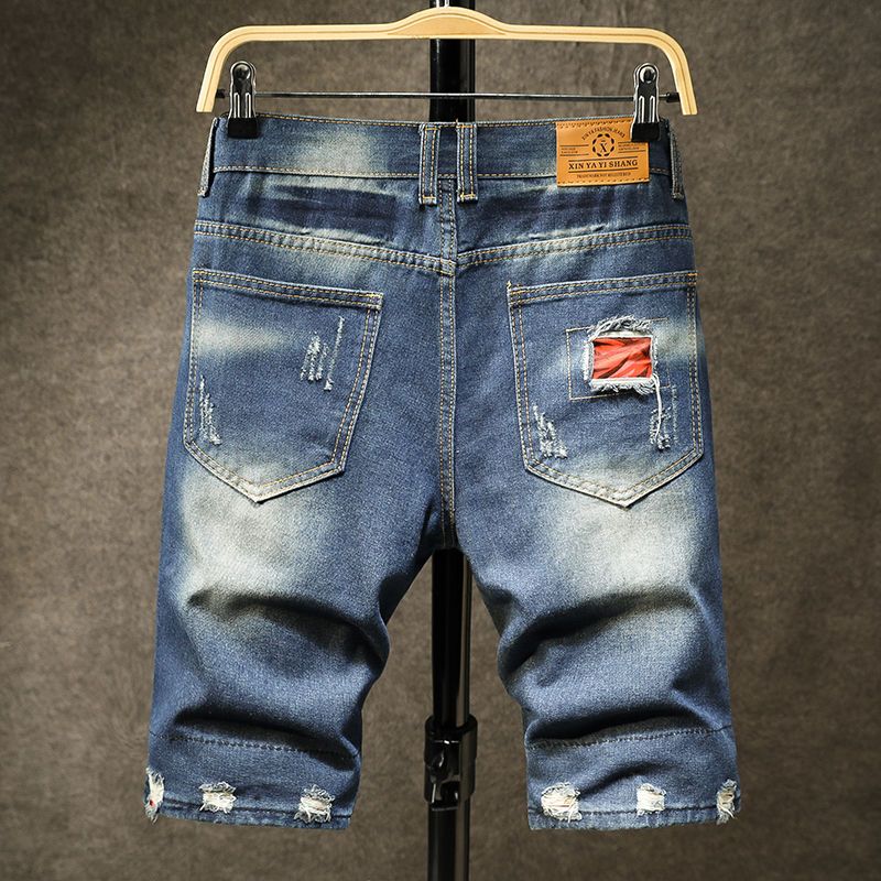Tide brand shorts men's jeans ripped personality summer thin section loose straight Korean version trendy slim five-point trousers