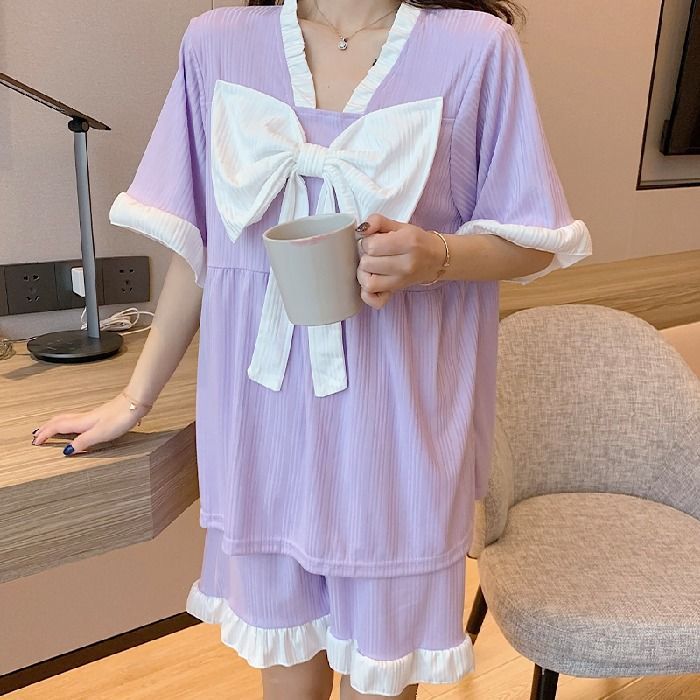 2022 summer new style pajamas women's short sleeve drawstring Korean version 200kg cute sweet princess style home clothes set