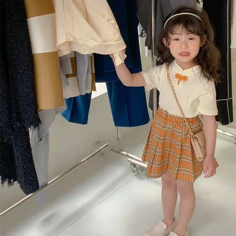 Girls summer suit new short-sleeved skirt two-piece set little girl Chinese style thin children's top skirt