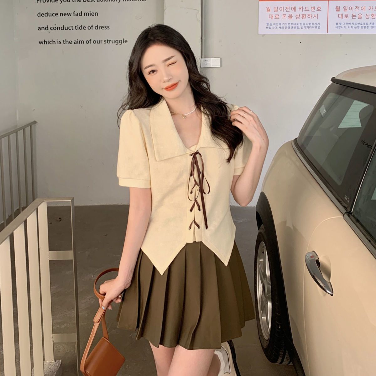 大碼女裝2022夏季不規則設計感綁帶短袖襯衣女上衣胖mm百褶裙套裝