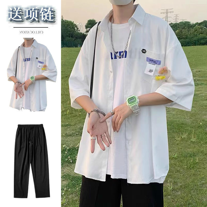 Casual shirt men's three-quarter sleeves spring and summer ice silk shirt short-sleeved design sense niche top ins ruffian handsome trend