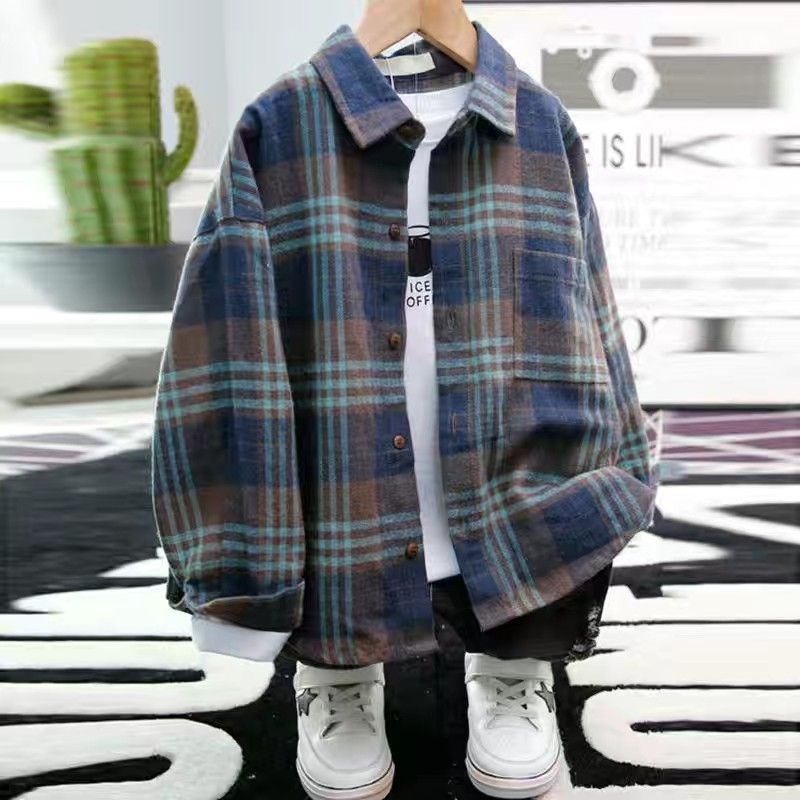 Boys' jacket 2022 new trendy slim long-sleeved one-piece plaid loose spring and autumn cotton trendy top
