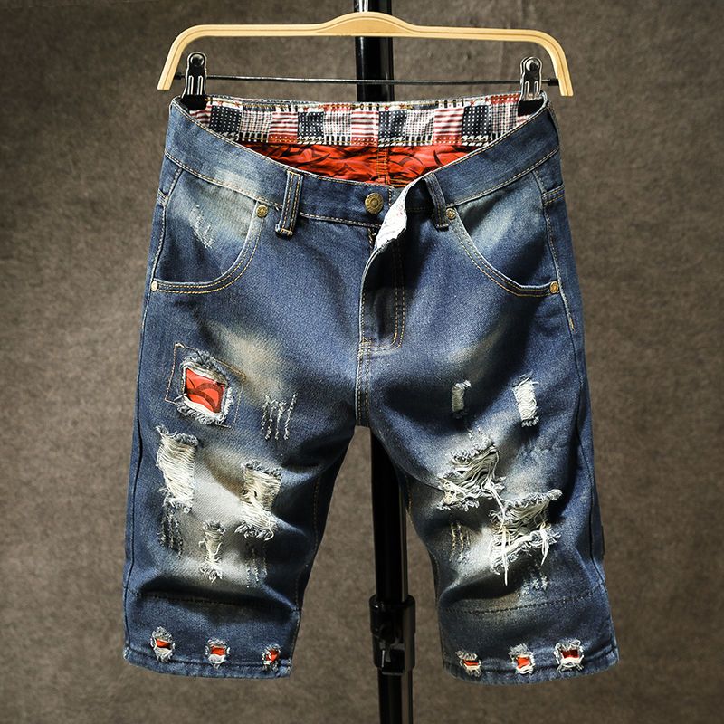 Tide brand shorts men's jeans ripped personality summer thin section loose straight Korean version trendy slim five-point trousers