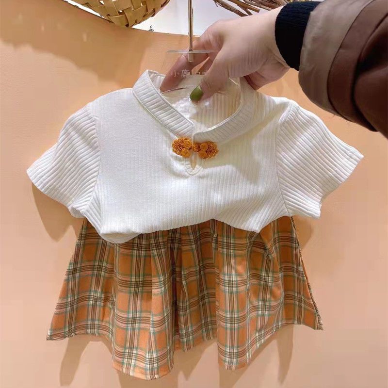 Girls summer suit new short-sleeved skirt two-piece set little girl Chinese style thin children's top skirt