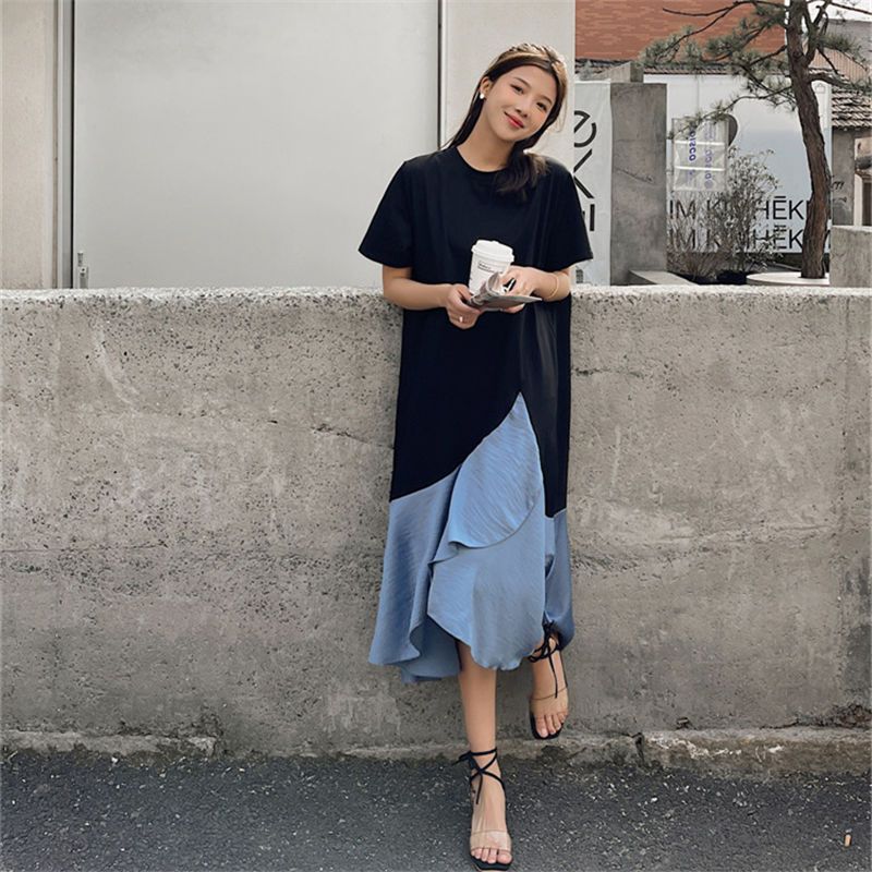 Stitching and contrasting color irregular dress fat sister summer loose Tibetan meat thin extra large size 300 catties T-shirt dress