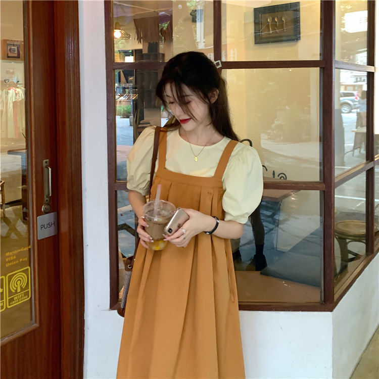 背带连衣裙套装女复古日系小个子宽松短袖T恤+气质裙子两件套装潮