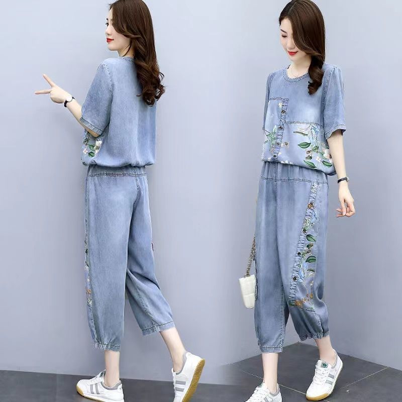 Plus size women's Tencel denim suit summer 2023 new style fashionable and age-reducing casual slimming two-piece trendy set