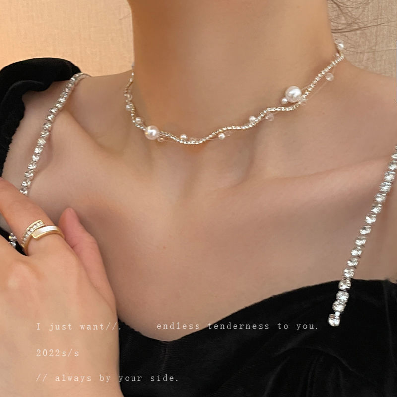 镶钻珍珠多层项链韩国小众设计感颈链choker锁骨链百搭气质项饰女