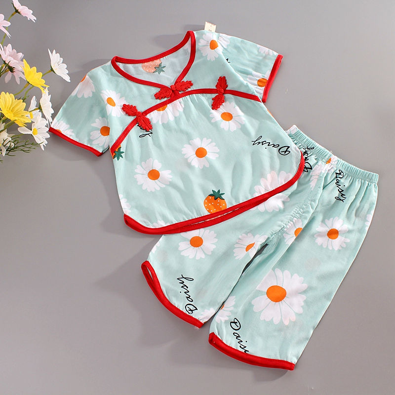 New children's pajamas women's summer thin cotton silk cropped pants home service Hanfu suit girls short-sleeved two-piece set