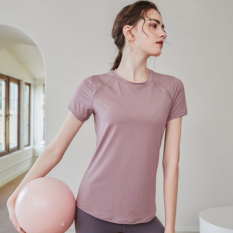 速干运动短袖T恤女夏季薄款瑜伽服修身显瘦跑步网纱拼接健身上衣