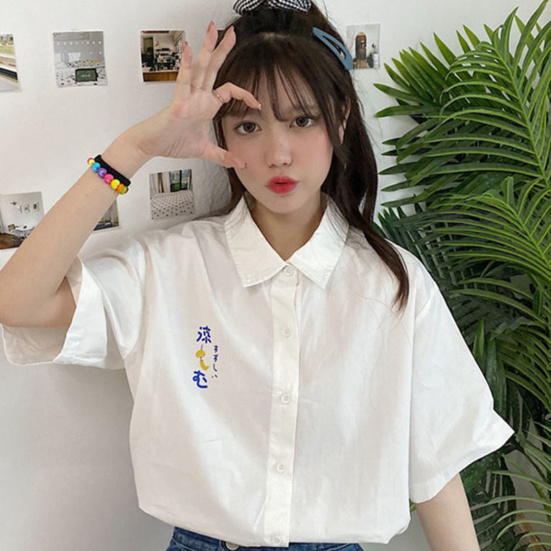 Short sleeve shirt Hong Kong flavor shirt women's summer  loose Korean minority design sense women's sleeve Joker coat