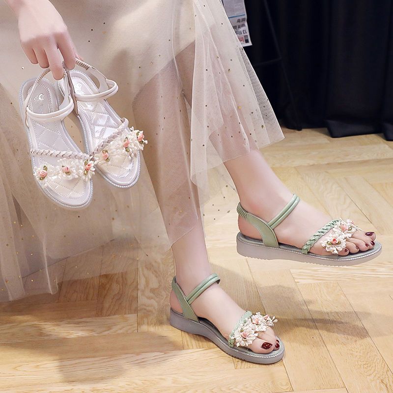 One line flat sandals for women 2022 summer new flowers non slip students' versatile Roman girls' sandals
