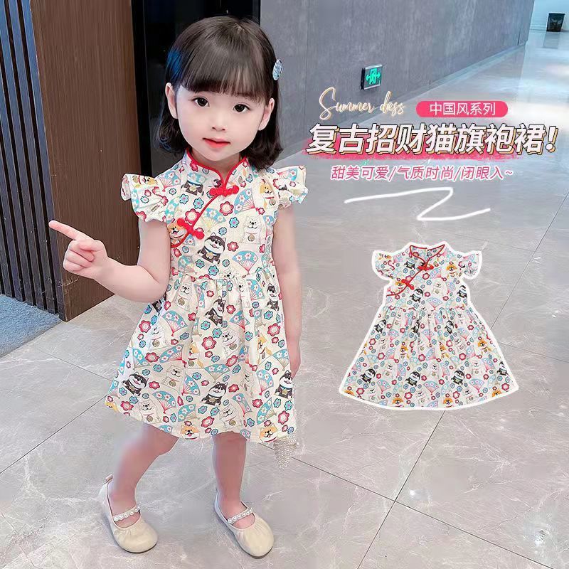 新款夏裝童裝女童2022春夏季新款兒童修身旗袍裙公主裙中國風復古
