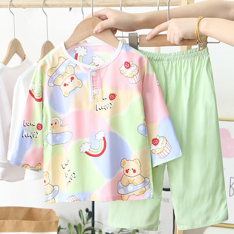 Baby girl pajamas summer 1-3 years old girls thin section cotton silk 2 air-conditioning clothes 4 children spring and autumn home clothes suit 5