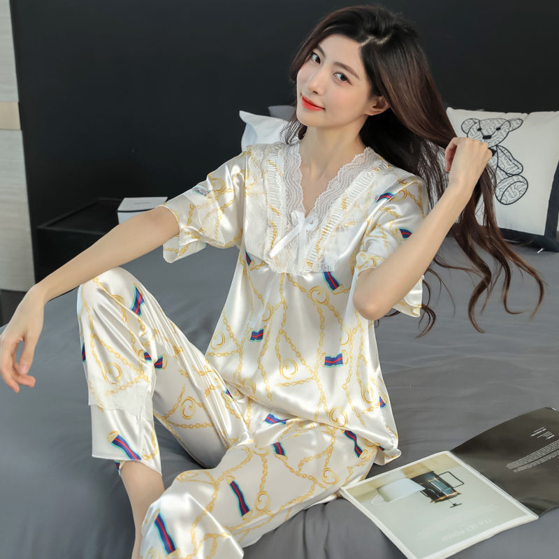 Large size silk pajamas women's summer short-sleeved trousers thin ice silk pajamas women's two-piece suit home service women's net red