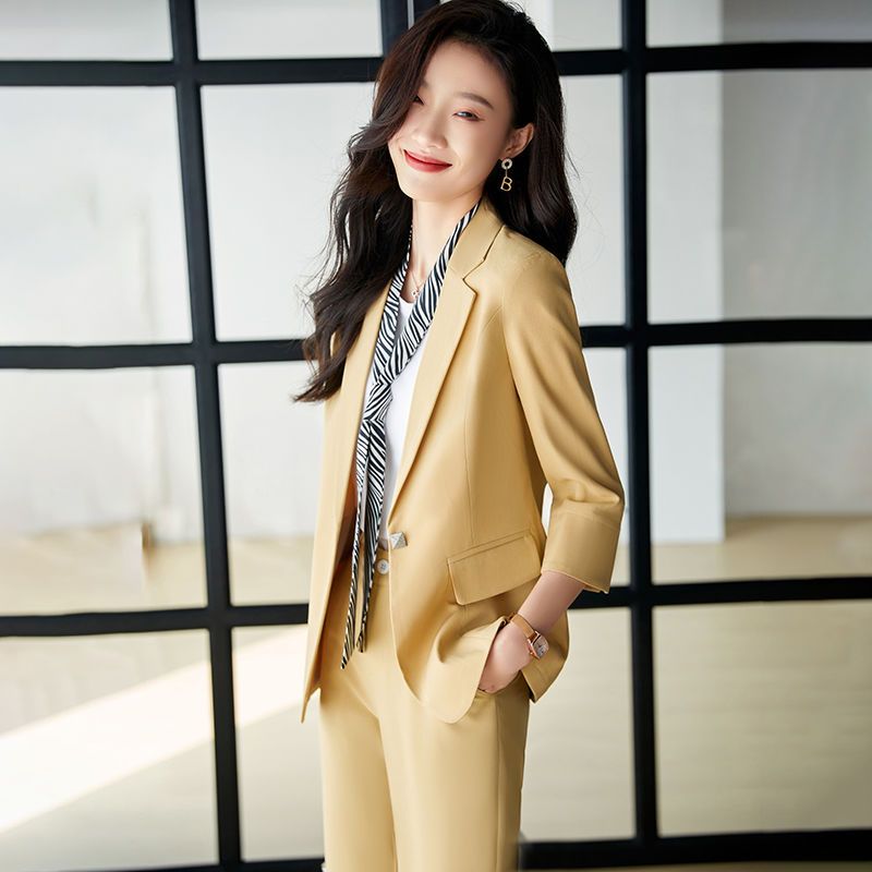 鵝黃色西裝外套女2023春夏新款時尚氣質小個子七分袖休閒西裝套裝