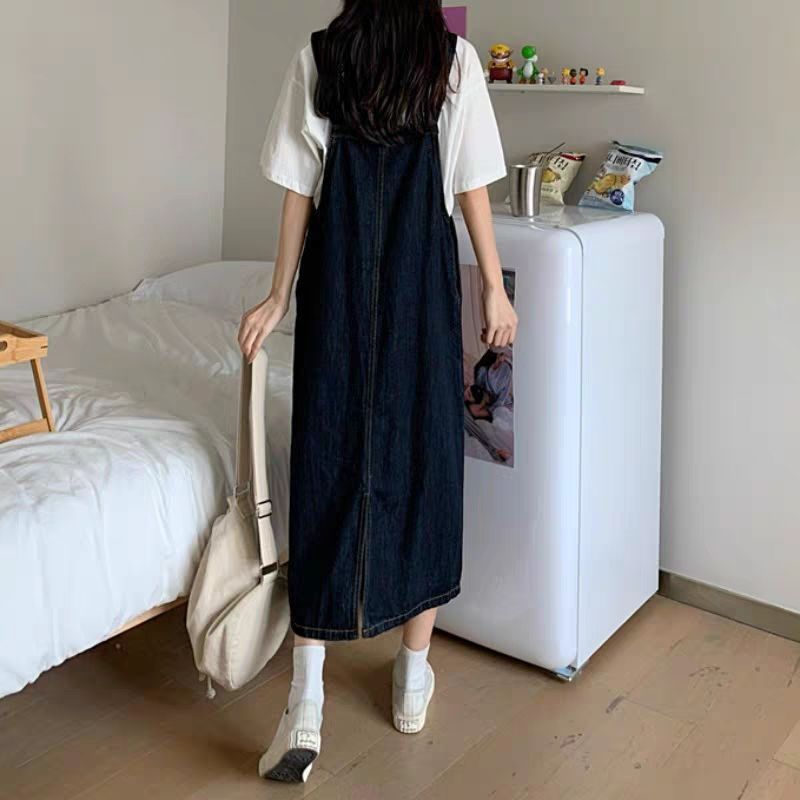 Denim suspender skirt design sense niche dress loose and thin mid-length suspender skirt small man spring and summer new style