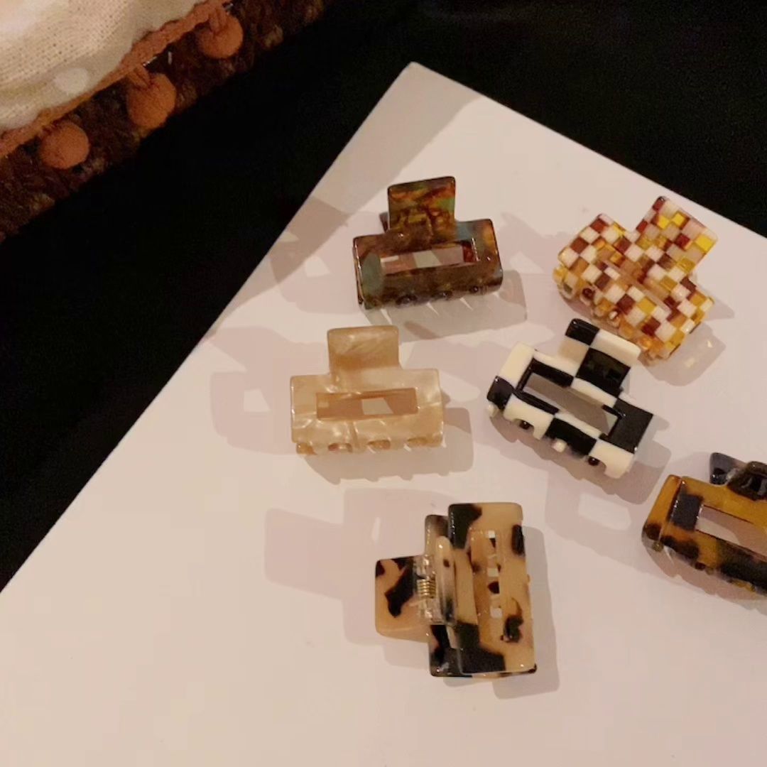 豹紋棋盤格醋酸方頭小髮夾女韓國日系優雅氣質後腦勺半扎頭髮抓夾