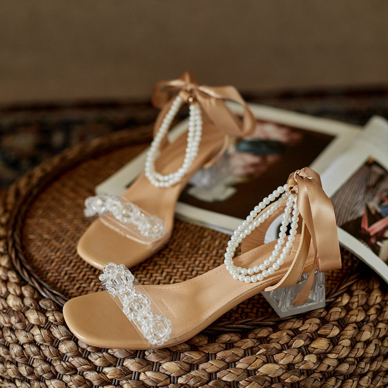 凉鞋年新款女夏季小众百搭一字带气质杏色绑带仙女粗跟高跟鞋
