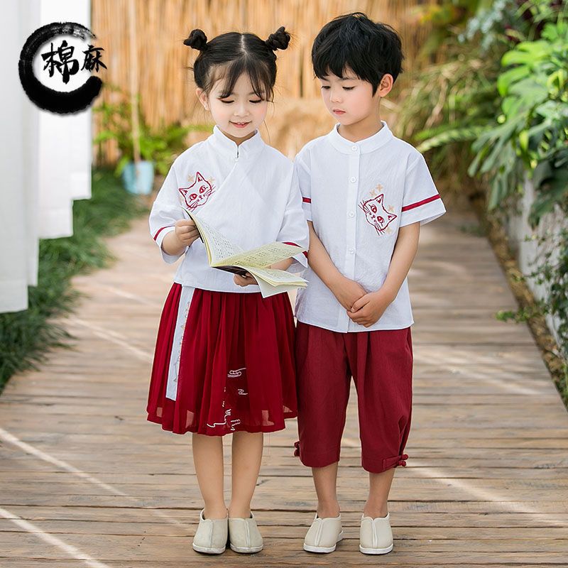 唐裝男女童夏季棉麻短袖套裝寶寶中國風漢服兩件套六一兒童演出服