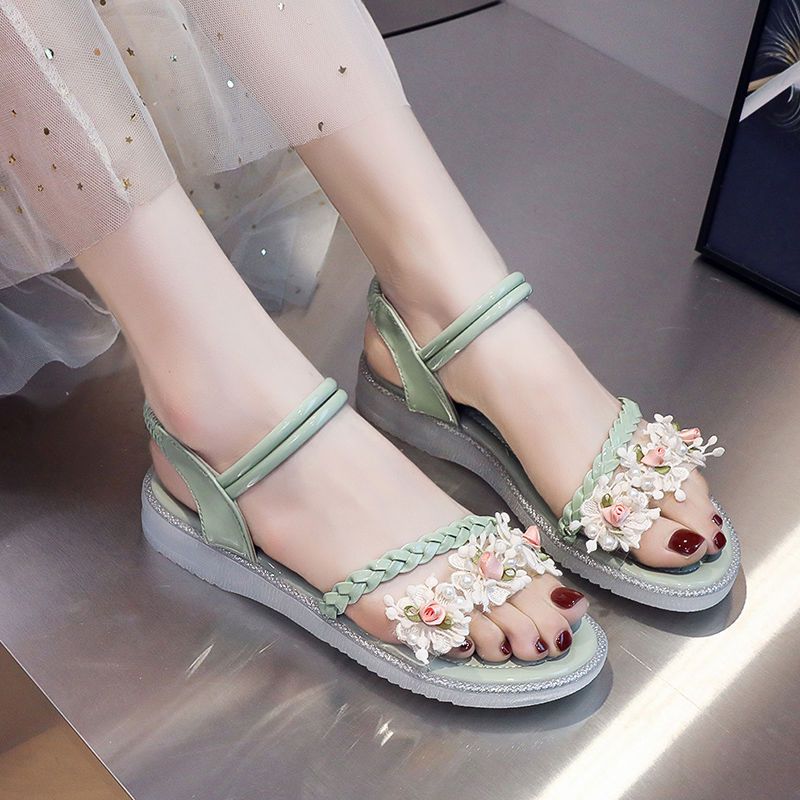 One line flat sandals for women 2022 summer new flowers non slip students' versatile Roman girls' sandals