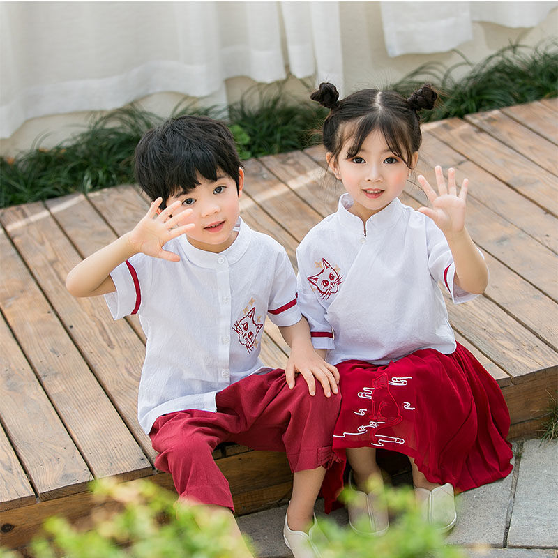 唐装男女童夏季棉麻短袖套装宝宝中国风汉服两件套六一儿童演出服