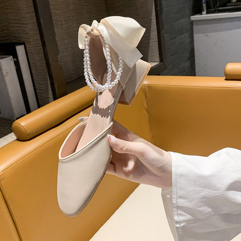 绑带高跟鞋女夏季2022年新款法式珍珠蝴蝶结中粗跟包头凉鞋温柔风