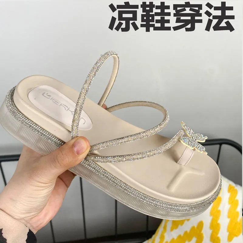 拖鞋女2022年新款平底夾腳兩穿夏外穿時尚水鑽涼拖踩屎感涼鞋網紅