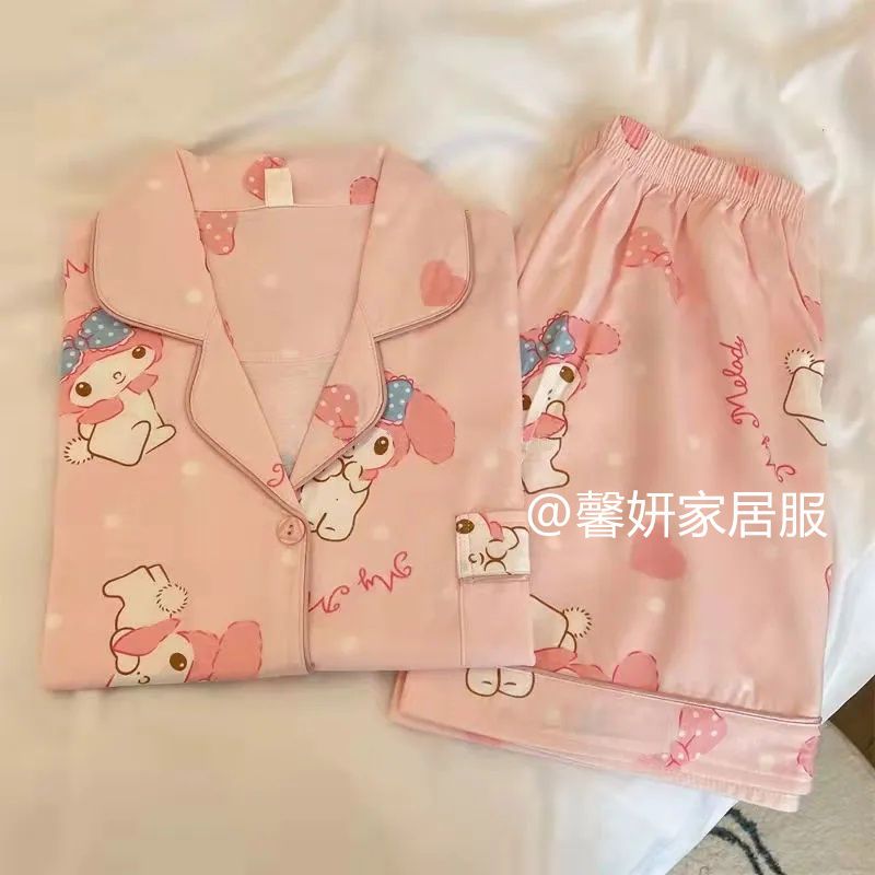 Ins Japanese cute Melody cartoon short-sleeved pajamas female summer student loose Korean version home service two-piece set