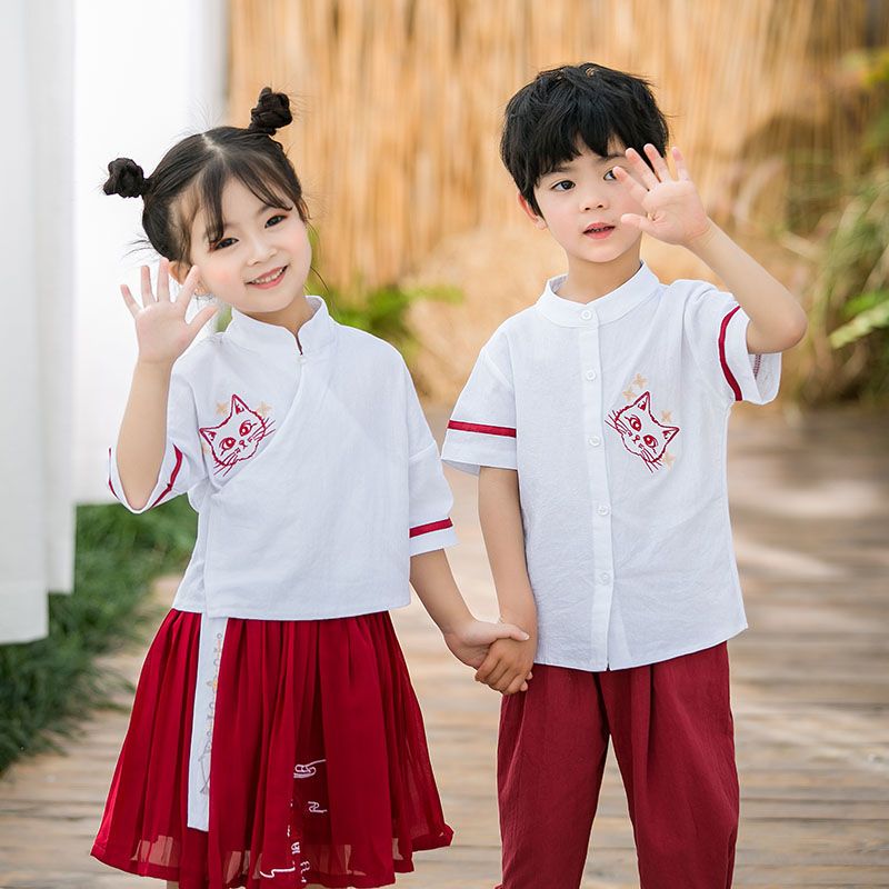 唐装男女童夏季棉麻短袖套装宝宝中国风汉服两件套六一儿童演出服