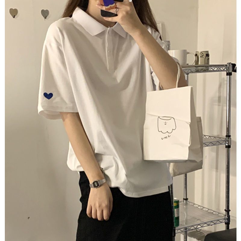 Japanese polo shirt short sleeve female student Korean version of loose 2022 new tide design feeling small group T-shirt female ins coat