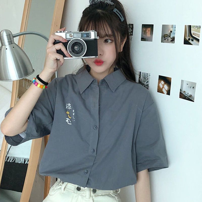 Short-sleeved shirt Hong Kong-style shirt women's summer  loose Korean version of the niche design sense ladies mid-sleeve all-match tops