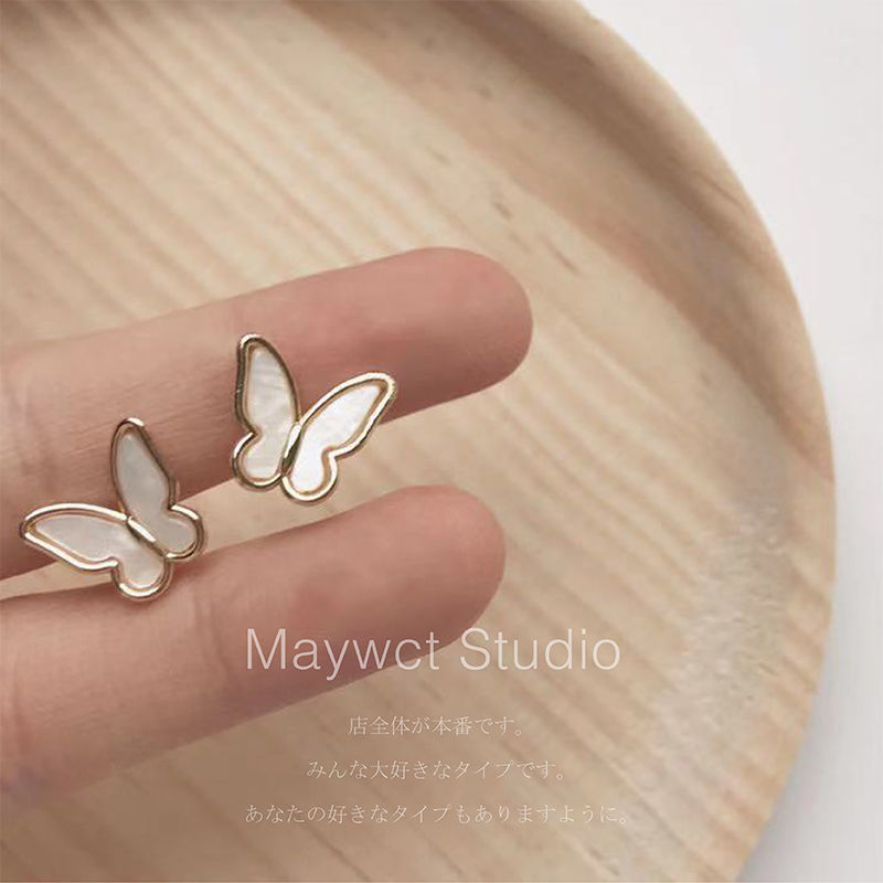 Maywct 法式復古金色滴釉蝴蝶耳釘女簡約小眾設計感時尚百搭耳飾
