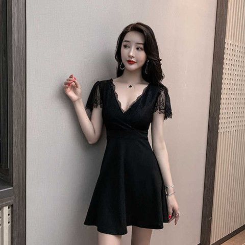 Nightclub short skirt low-cut V-neck cover belly slim night work clothes nightclub sexy lace sexy dress