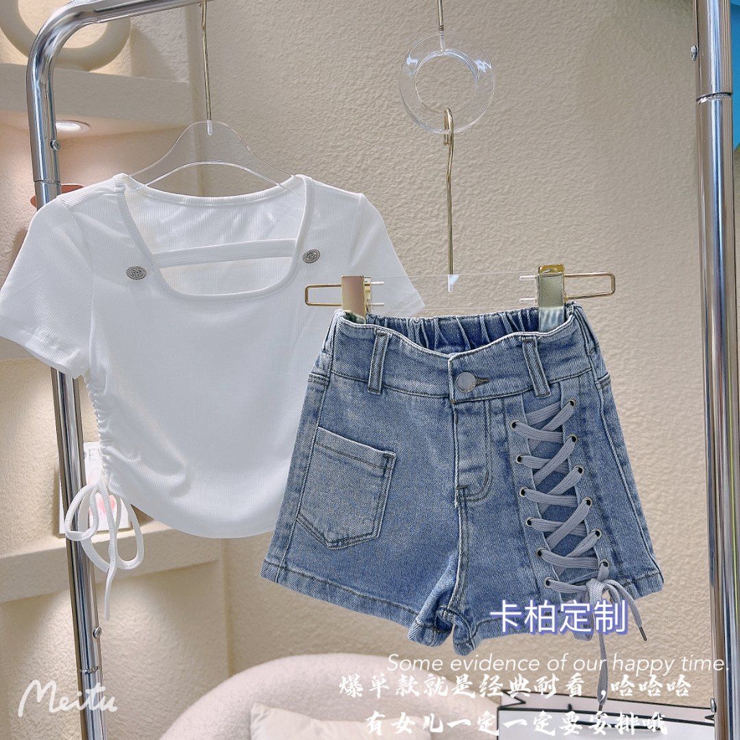 女童套装夏装短袖2023新款韩版网红霸气两件套中大童T恤牛仔短裤