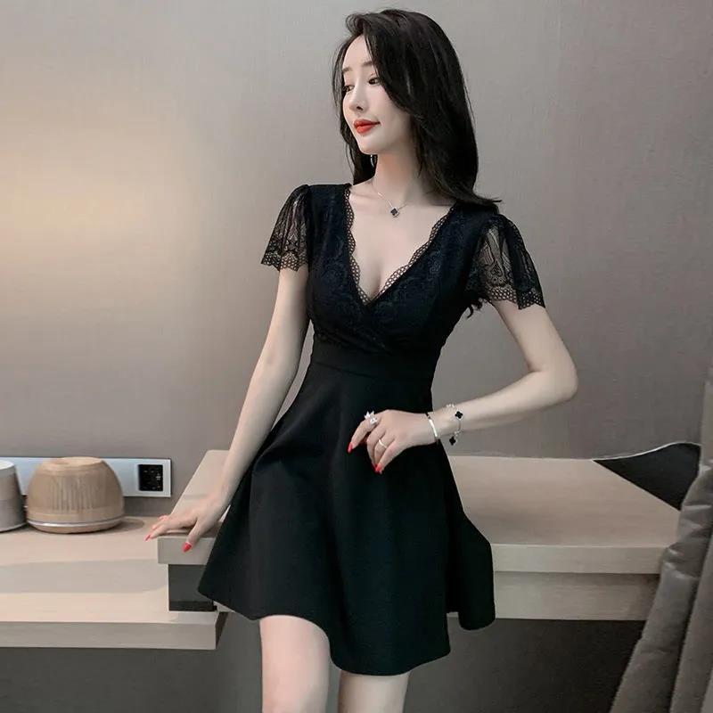 Nightclub short skirt low-cut V-neck cover belly slim night work clothes nightclub sexy lace sexy dress