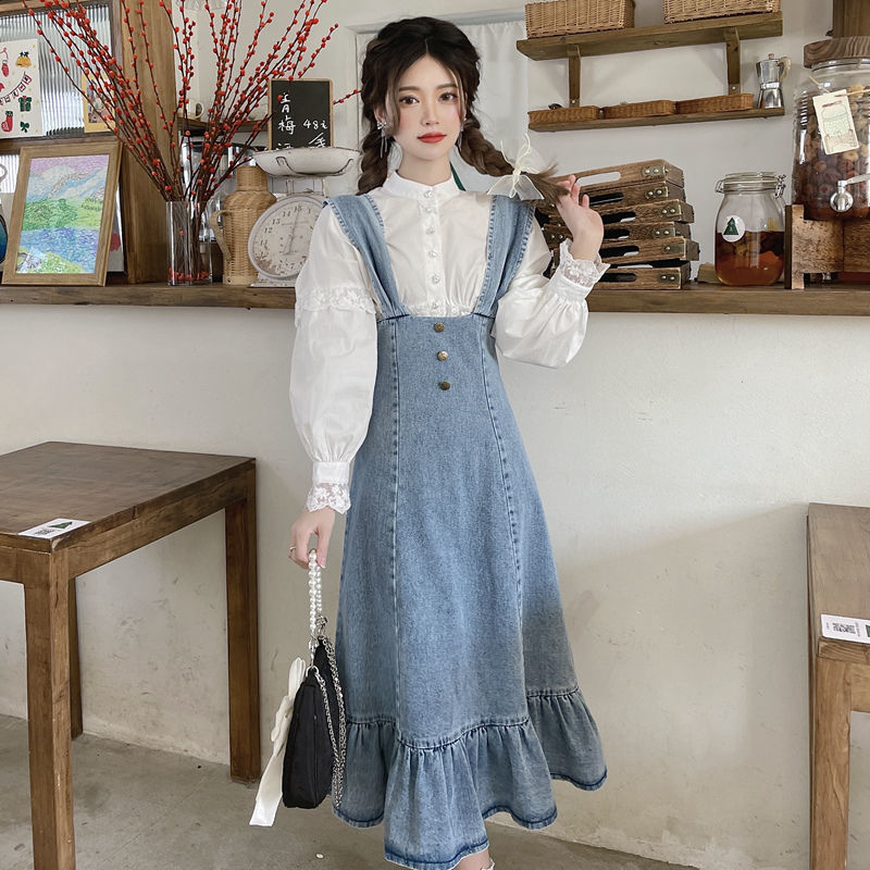 French sweet design sense denim suspender skirt gentle wind small milk sweet fishtail dress female spring and autumn