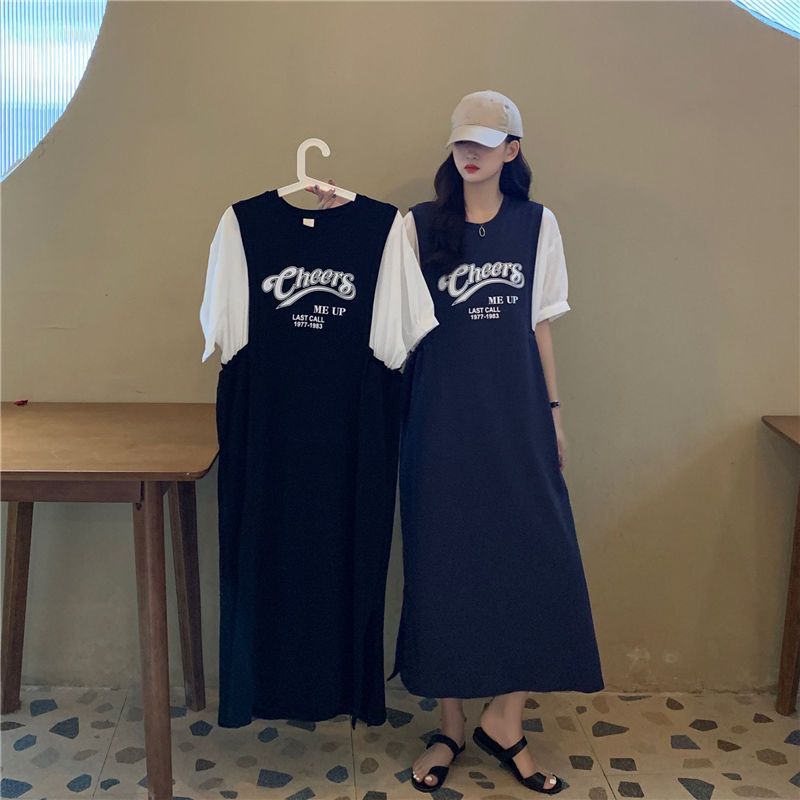 Stitching fake two-piece dress fat MM extra large size 300 catties loose hidden meat slimming letter print over-the-knee T-shirt skirt