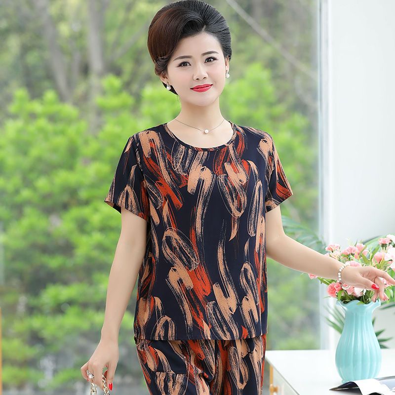 Artificial cotton women's two-piece summer mother's clothing cotton silk short-sleeved women's suit loose large size home service two-piece