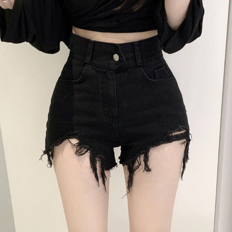 網紅流蘇牛仔短褲女寬鬆夏季新款大碼高腰顯瘦黑色a字辣妹熱褲子