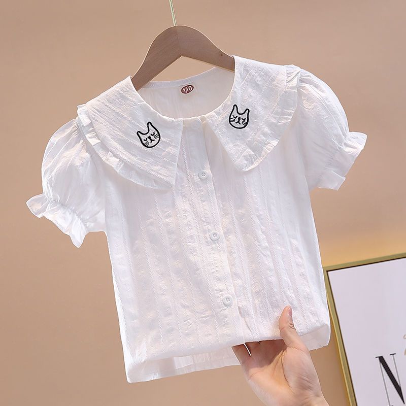 Girls' shirts children's bottoms white shirts spring and autumn summer 2022 new baby collar middle and small children's tops trend