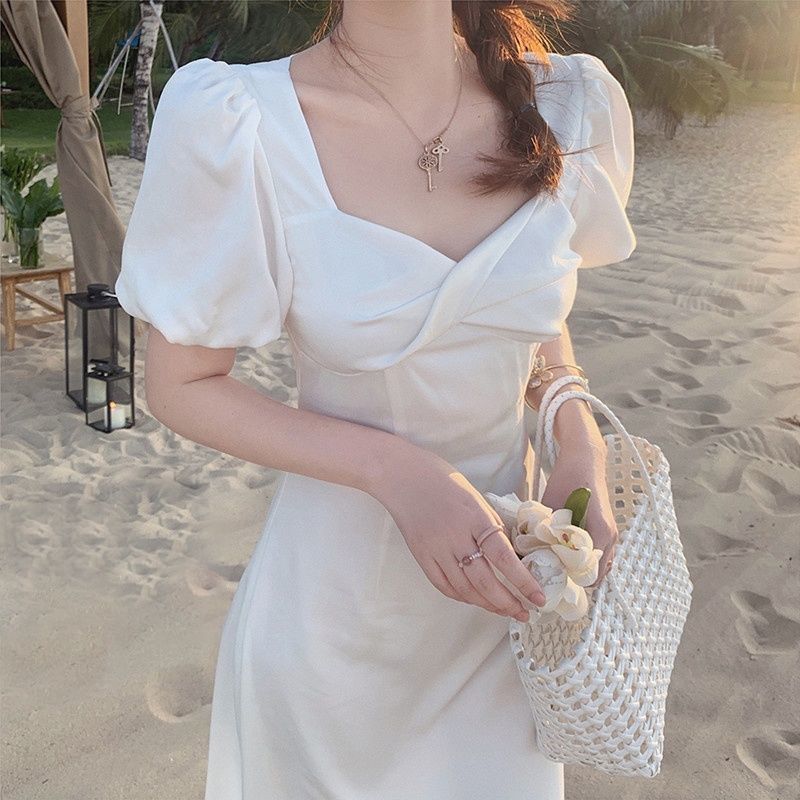 連衣裙女夏季新款名媛收腰顯瘦氣質裙子赫本風法式開叉裙性感長裙